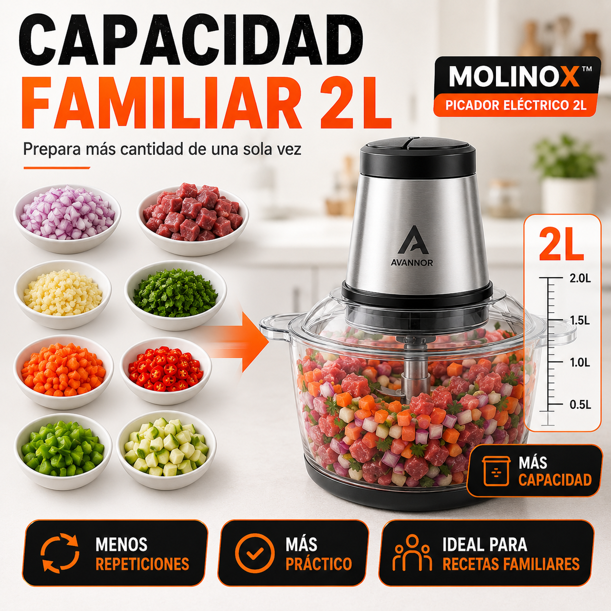 MOLINOX™ Picador Eléctrico 2L — Pica, Mezcla y Tritura en Segundos